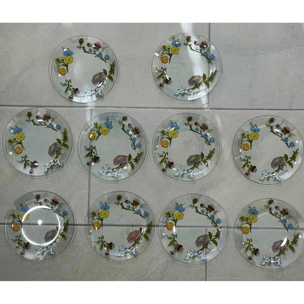 Vintage Dorothy Thorpe Plates Arcoroc France Clear Wildflowers 10 Signed ~7 inch